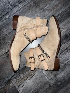 Suede Buckle & Chain Ankle Boots - Beige